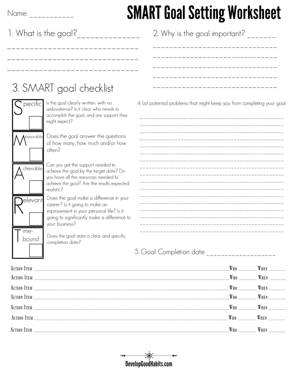 SMART Goal Setting Worksheet Develop Good Habits